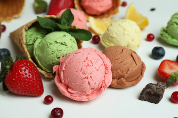 Fruit ice cream and ingredients on white background, close up