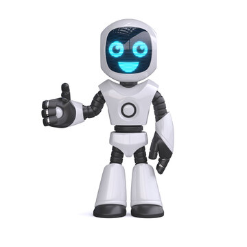 Little robot giving thumbs up isolated on white background, 3d rendering