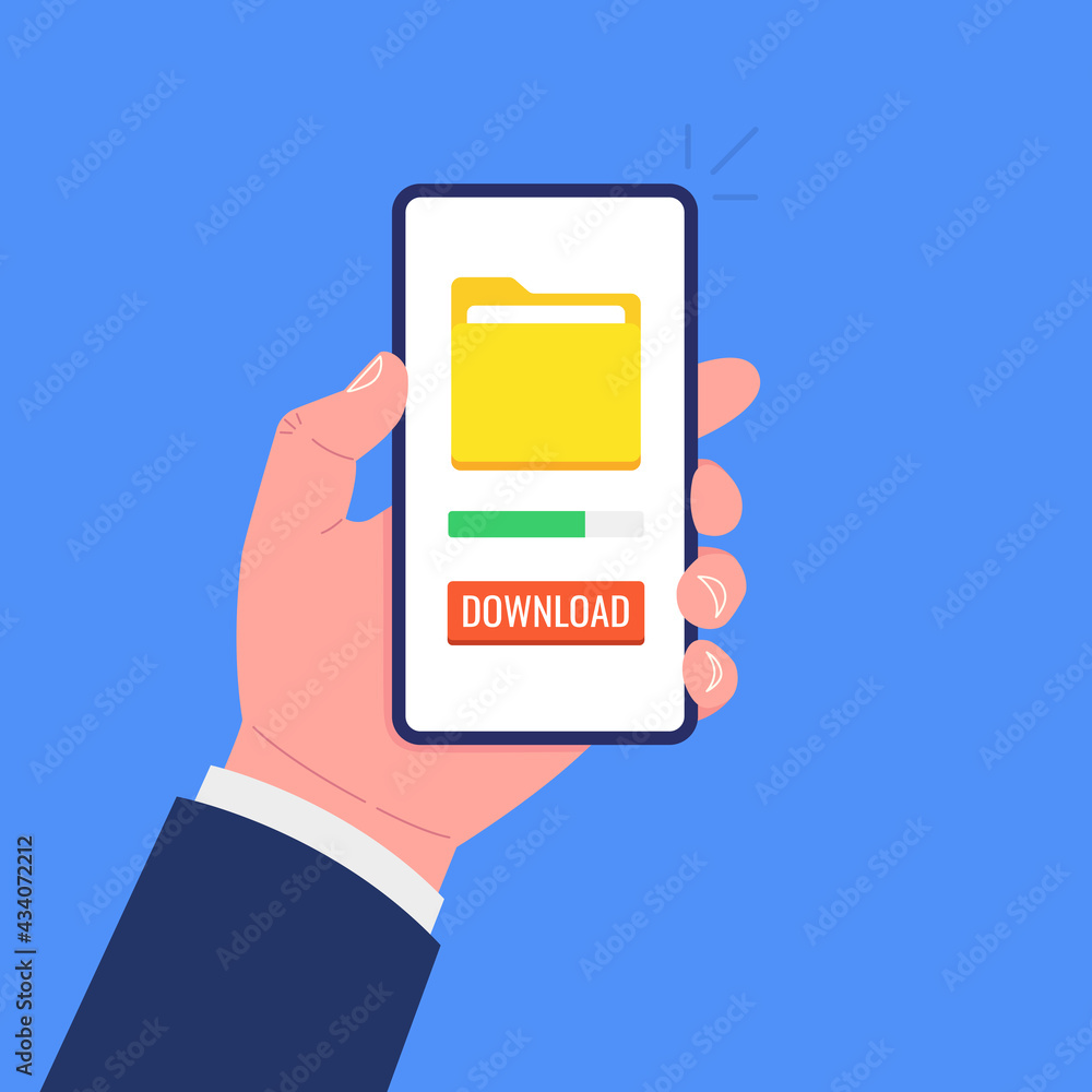 Poster hand holding smartphone with file download button on the screen. downloading process concept. vector