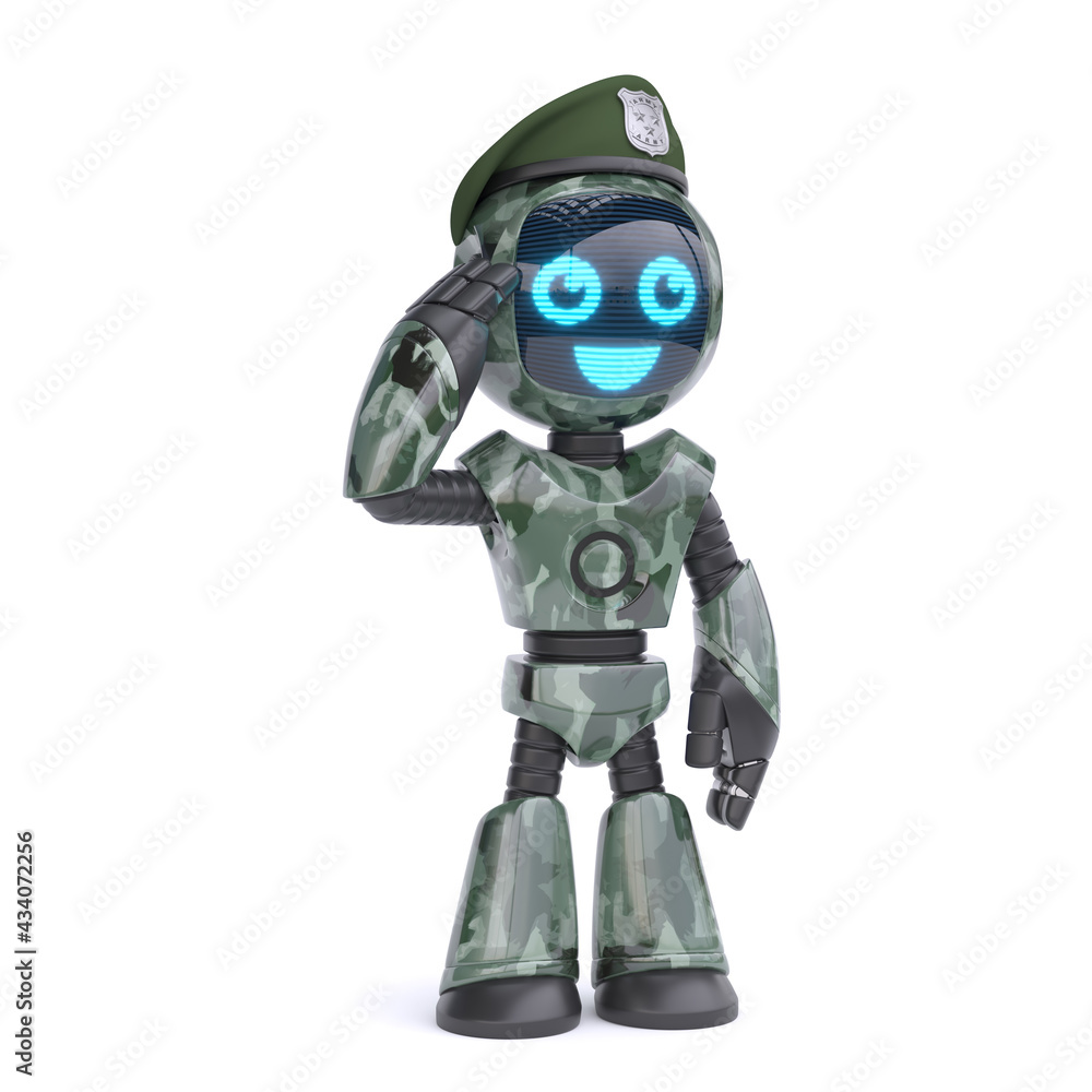 Poster robot solider, military robot 3d rendering on white background
