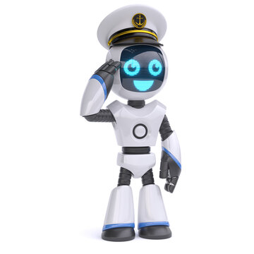 Little robot as ship captain on white background 3d rendering
