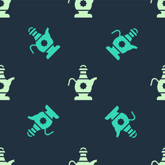 Green and beige Islamic teapot icon isolated seamless pattern on blue background. Vector
