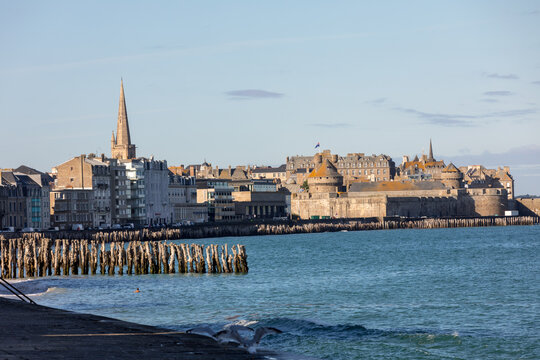 View of beach and old town of Saint-Malo. Brittany, France