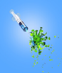 Syringe kill the virus. Vaccine concept. 3d render illustration