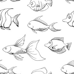 Black and white fishes outline seamless pattern. Exotic ocean surface pattern design. Marine animals contour endless texture. School of fish boundless background. Sea life editable tile.