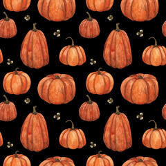 Seamless pattern of watercolor pumpkins on a black background. Texture for fabric, wrapping paper, postcards.
