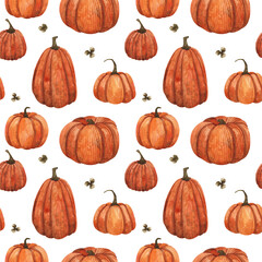 Seamless pattern of watercolor pumpkins on a white background. Texture for fabric, wrapping paper, postcards.