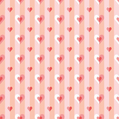 Seamless geometric pattern with stripes and hearts. Vector repeating texture in polka dot style in pink, orange and red colours. Great for interiors, Valentine prints and fashion fabrics.