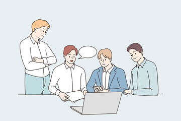 Brainstorm, Teamwork, collaboration concept. Male young business partners workers colleagues sitting at laptop discussing project with documents in office together vector illustration 