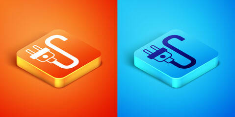 Isometric Electric plug icon isolated on orange and blue background. Concept of connection and disconnection of the electricity. Vector