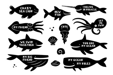 Sea creatures, animals, fishes. Whale, shark, walrus, narwhal, jellyfish, octopus, killer whale, dolphin, squid. Black silhouettes with lettering. Cut board template design.