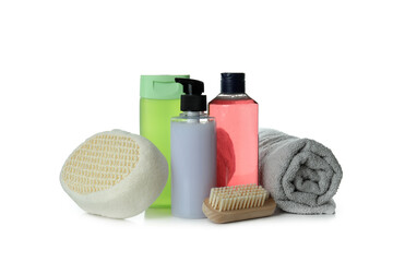 Shower gel and bath accessories isolated on white background
