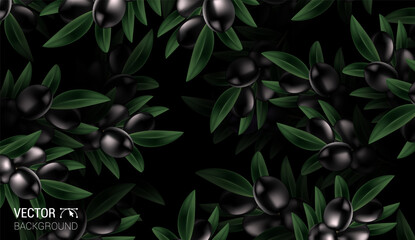 Natural Realistic pattern background with olive and leaves vector design Colorful dark background. Trendy repeat texture print wallpaper. Nature concept