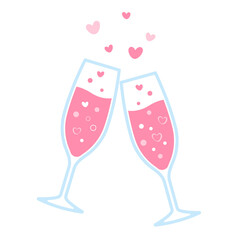 two sparkling champagne glasses with love bubble