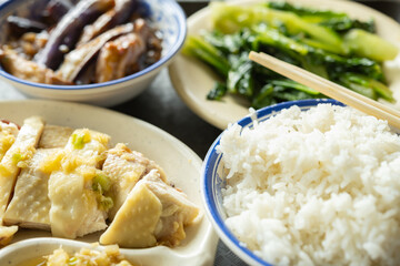 angle view fast food of steamed chicken with eggplant and vegetable and bowl of rice