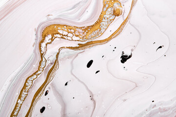 Acrylic Fluid Art. Gray and beige waves with liquid golden curve. Abstract marble stone background or texture, fake kintsugi technique