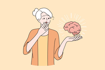 Mental health of elderly people concept. Senior surprised woman with grey hair holding brain covering mouth with hand, shocked and afraid of mental problems vector illustration 