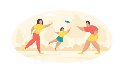 Parents play frisbee with their child. Man throws blue disc to woman and boy tries catch it. Summer outdoor activities with fun throwing plastic disk. Vector cartoon illustration