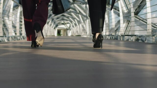 Low-section rear-view slowmo of unrecognizable businesswomen legs in heels walking along indoor glass walkway of modern high-class office building