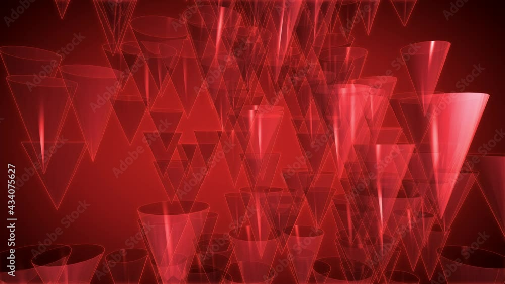 Poster a graphic effect of red cone shapes forming a cloud of falling objects
