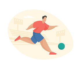 Soccer player runs with ball in stadium. Athlete actively rushes to opponents goal. Willingness shoot free kick crucial moment in game. World championship. Vector cartoon illustration