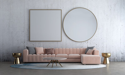Modern mock up interior living room design from old concrete wall background decor and pink sofa with gold side table, 3d rendering