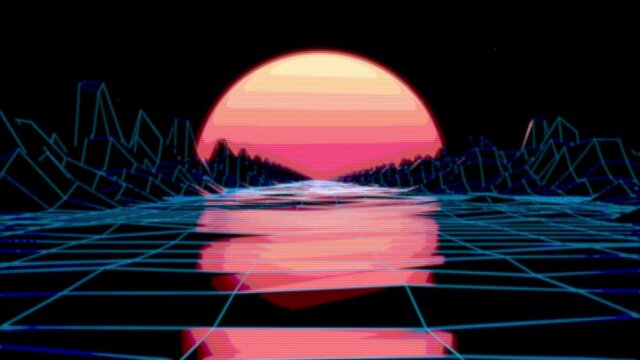 80s Retrowave Style Animation. Blue Grid Neon gound-level Landscape With a Yellow Sunset on the horizon. Seamless Loop, Lo-fi VHS version.