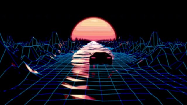 Beautiful 80s Retro Style CGI Animation. Futuristic Sport Car Driving Through a Electric Blue Grid Abstract Landscape to a Salmon Sunset. Retrowave Seamless Loop. Lo-Fi VHS version.