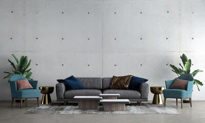 Modern mock up interior living room design from old concrete wall background decor and green sofa with gold side table, 3d rendering