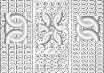 Chain. Three seamless vector patterns. 3D silver (grayscale) theme. 