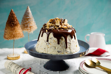 Chocolate drizzled Christmas ice cream cake