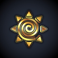 Gold Sun icon isolated on black background. Summer symbol. Good sunny day. Vector