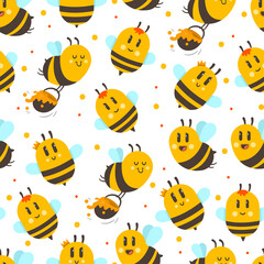 Cute cartoon bee vector seamless pattern on white background.