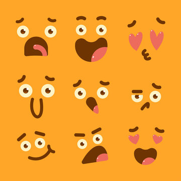 Cute cartoon comic faces emotions with funny eyes vector set isolated on background.