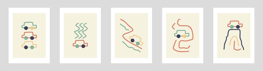 Set of creative car with hand drawn background for wall design, office, school and restaurant. Minimalist art background.