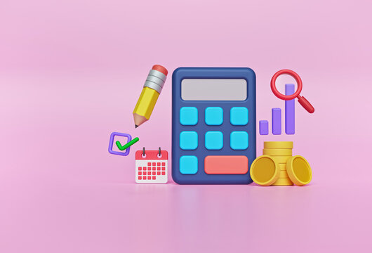 Calculator, Pencil, Calendar, Coins. Budget Planning, Financial Calculation And Money Saving Concept. 3d Rendering