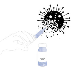 Hand holding syringe with vaccine destroying virus COVID - 19 molecule. Stop Coranavirus concept background. Vector illustration