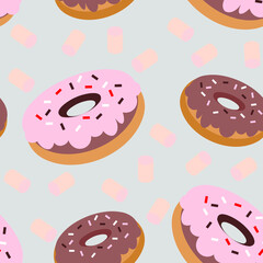 Donuts and marshmallow seamless pattern.
Donuts and marshmallows repeating in pastel colors on a light gray background. Suitable for home textile, wrapping paper, bakery, cafeteria.
