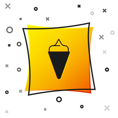 Black Ice cream in waffle cone icon isolated on white background. Sweet symbol. Yellow square button. Vector