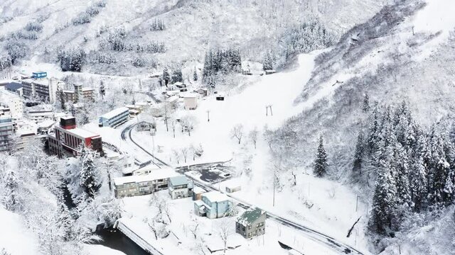 Drone photography of winter scenery in Japanese villages and towns