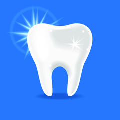 White shining tooth isolated on a blue background. 3d illustration
