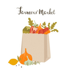 Vegetables farmers' market poster. Paper bag with vegetables. Hand drawn vector illustration.