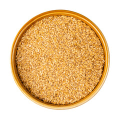 top view of golden flax seeds in round bowl cutout