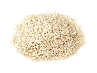 pile of white sesame seeds closeup on white