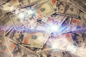 Double exposure of data theme drawing over us dollars bill background. Technology concept.