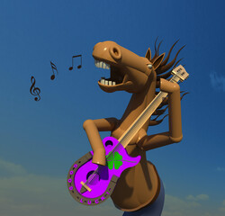 Singing horse 3D illustration . A talented horse character playing guitar performing and singing. Sky background. Collection.