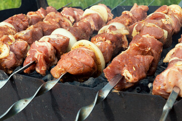 Marinated shashlik preparing on a barbecue grill over charcoal. Shashlik or Shish kebab popular in Eastern Europe. Shashlyk (skewered meat) was originally made of lamb. Roast Beef Kebabs On BBQ Grill.