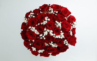 Premium white box with red roses and gypsophila.