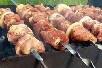 Marinated shashlik preparing on a barbecue grill over charcoal. Shashlik or Shish kebab popular in Eastern Europe. Shashlyk (skewered meat) was originally made of lamb. Roast Beef Kebabs On BBQ Grill.