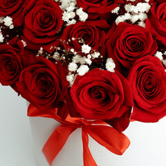 Premium white box with red roses and gypsophila.